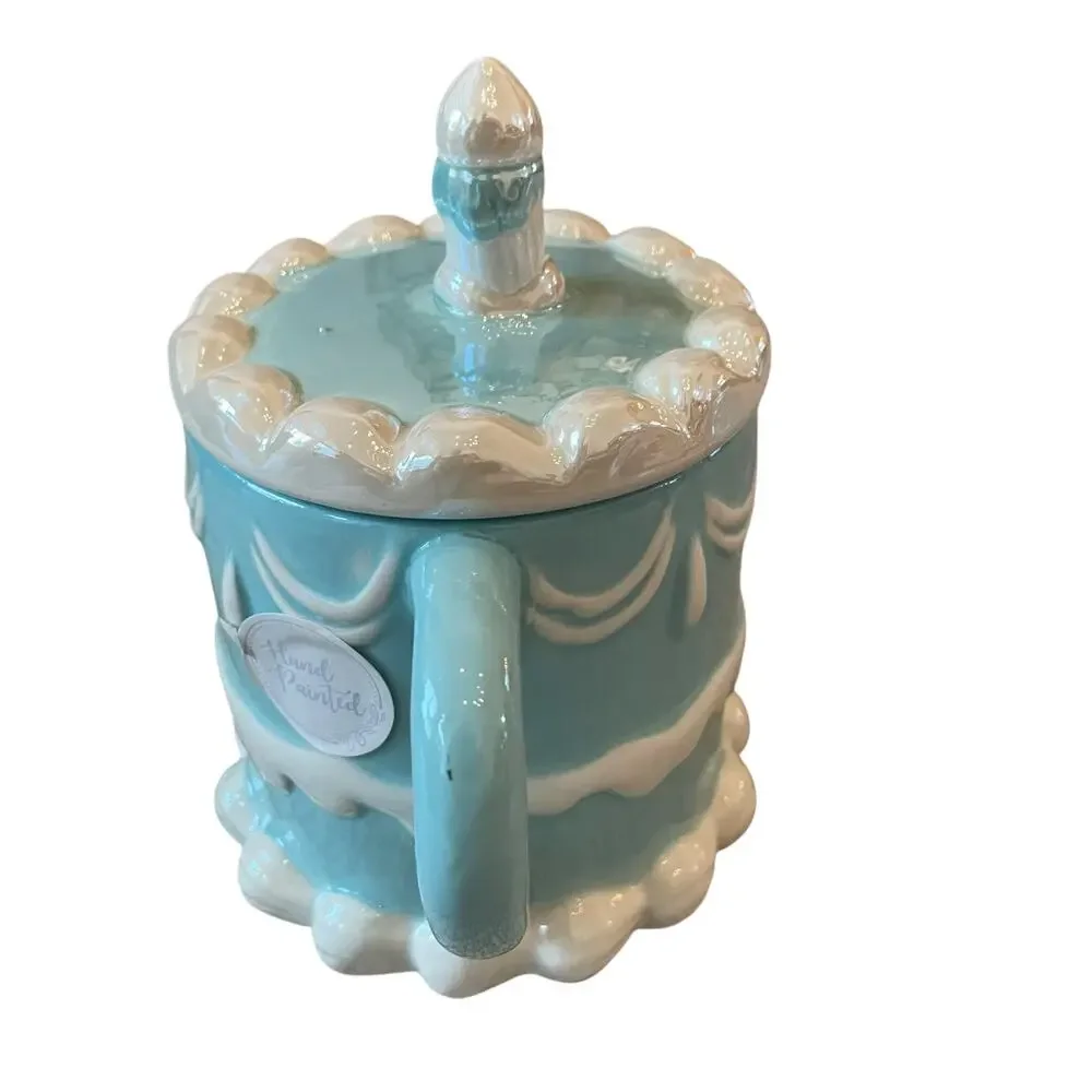 2pc Sheffield Home Hand Painted Blue Happy Birthday Cake Mug with Candle Lid New